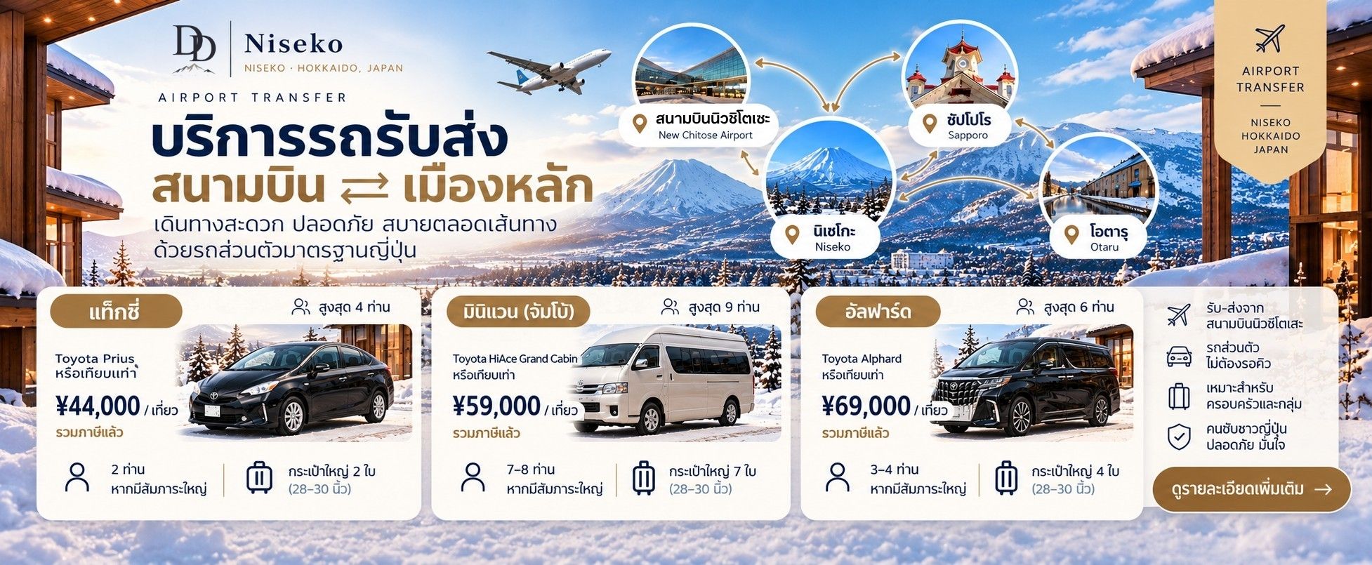 บริการรถรับส่ง สนามบินนิวชิโตเสะ ⇄ นิเซโกะ ซัปโปโร โอตารุ โดย DD Niseko